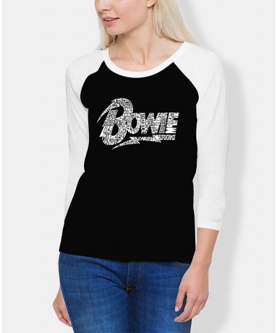 Women's David Bowie Logo Raglan Baseball Word Art T-shirt Black-White $19.36 Tops