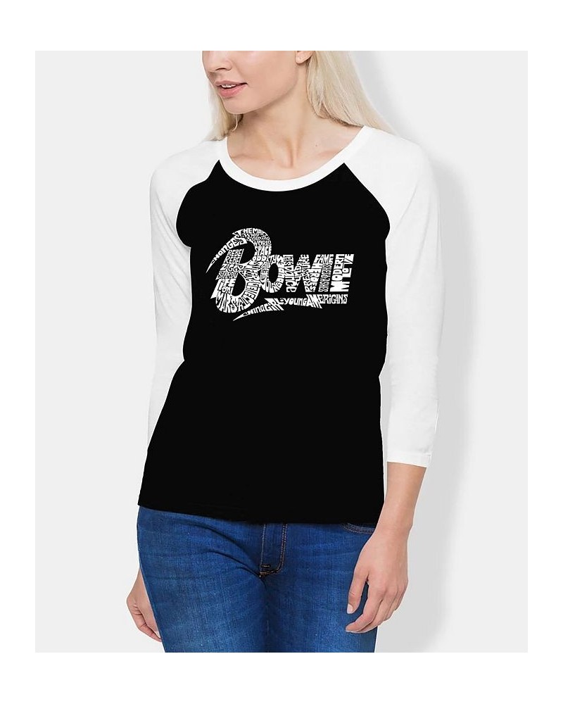 Women's David Bowie Logo Raglan Baseball Word Art T-shirt Black-White $19.36 Tops