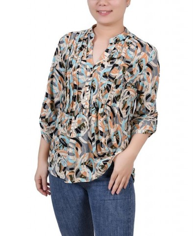 Petite 3/4 Roll Tab Sleeve Printed Pintuck Top Multi Abstract $14.40 Tops