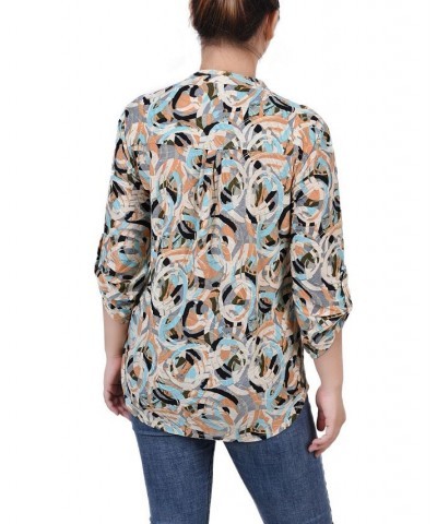 Petite 3/4 Roll Tab Sleeve Printed Pintuck Top Multi Abstract $14.40 Tops