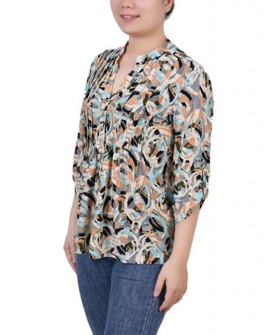 Petite 3/4 Roll Tab Sleeve Printed Pintuck Top Multi Abstract $14.40 Tops