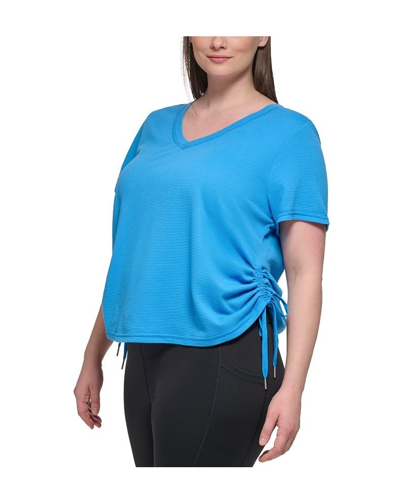 Plus Size Textured Side Ruched T-Shirt Azure Blue $17.26 Tops