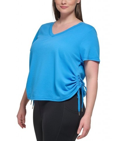 Plus Size Textured Side Ruched T-Shirt Azure Blue $17.26 Tops