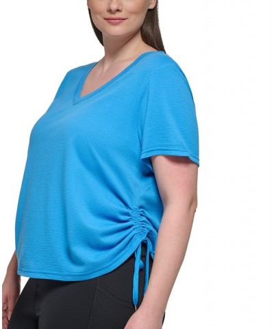 Plus Size Textured Side Ruched T-Shirt Azure Blue $17.26 Tops