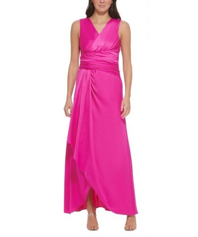 Women's V-Neck Sleeveless Ruched-Waist Gown Raspberry $71.70 Dresses