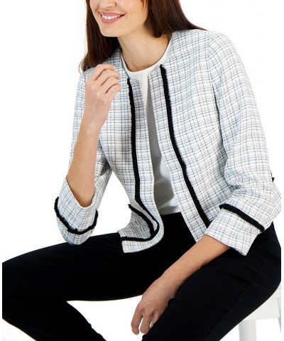 Women's Collarless Fringe-Trim Open-Front Blazer Vanilla Ice/Black $45.77 Jackets