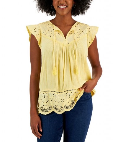 Women's Mixed-Media Lace-Trimmed Top Gold $35.70 Tops