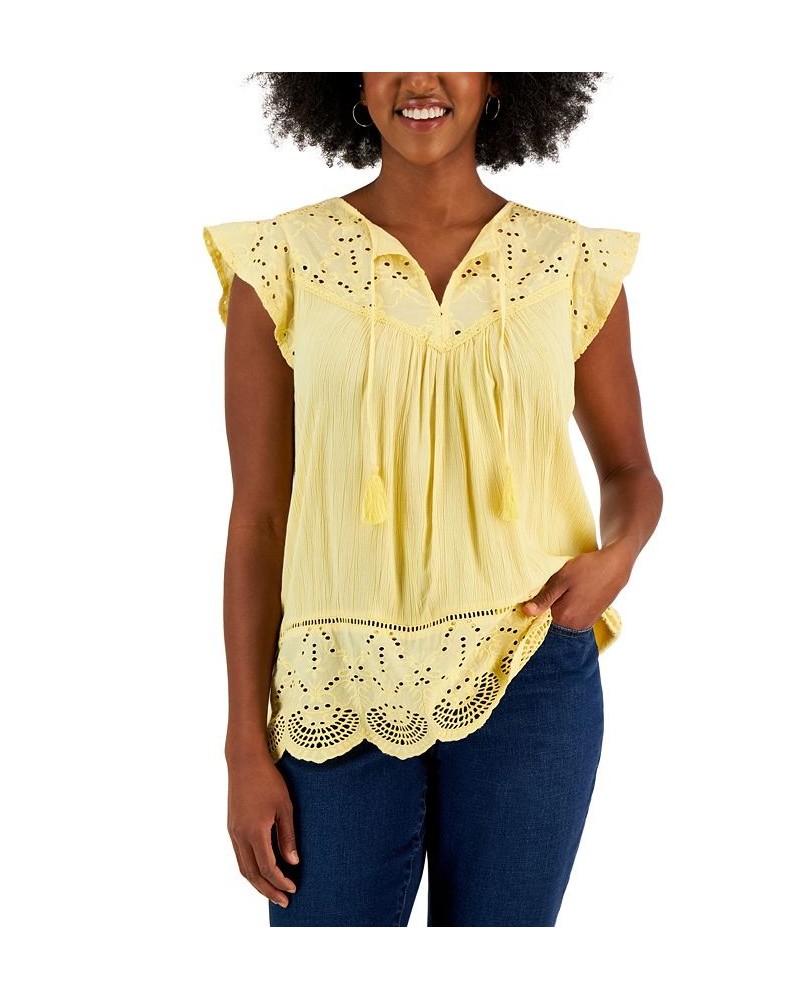 Women's Mixed-Media Lace-Trimmed Top Gold $35.70 Tops