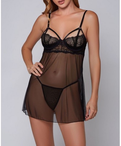 Clarice Plus Size Lace Underwire and Mesh Babydoll and Panty Set 2 Piece Black $42.38 Lingerie