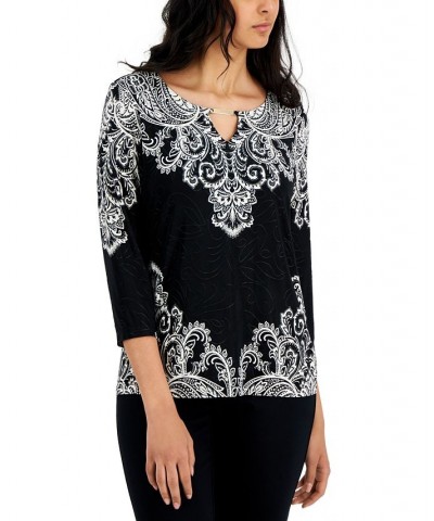 Petite Damask Crown Keyhole Jacquard Top White $11.00 Tops