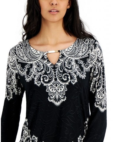 Petite Damask Crown Keyhole Jacquard Top White $11.00 Tops