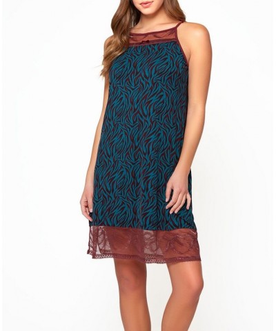 Women's Zebra Patterned Halter Chemise with Keyhole Back Lace Detail and Bow Accent Teal-Burgundy $33.50 Lingerie