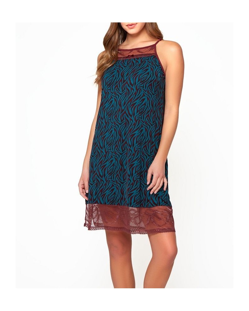 Women's Zebra Patterned Halter Chemise with Keyhole Back Lace Detail and Bow Accent Teal-Burgundy $33.50 Lingerie