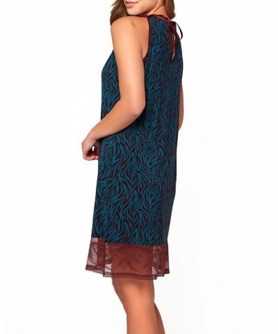 Women's Zebra Patterned Halter Chemise with Keyhole Back Lace Detail and Bow Accent Teal-Burgundy $33.50 Lingerie