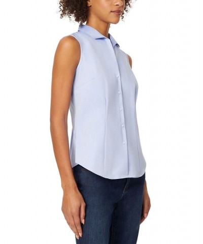 Women's Cotton Easy-Care Sleeveless Shirt Blue $33.43 Tops