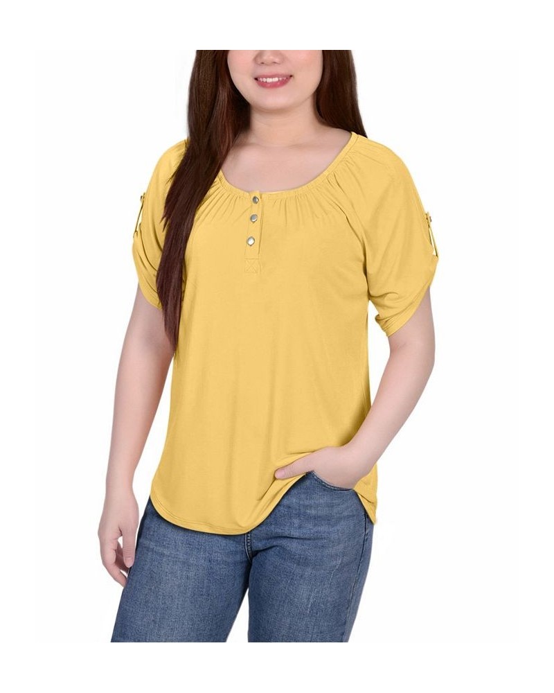 Petite Size Short Sleeve Round Neck Henley Top Yellow $17.67 Tops