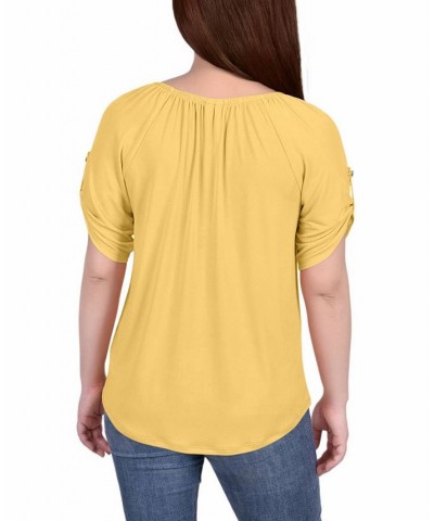Petite Size Short Sleeve Round Neck Henley Top Yellow $17.67 Tops