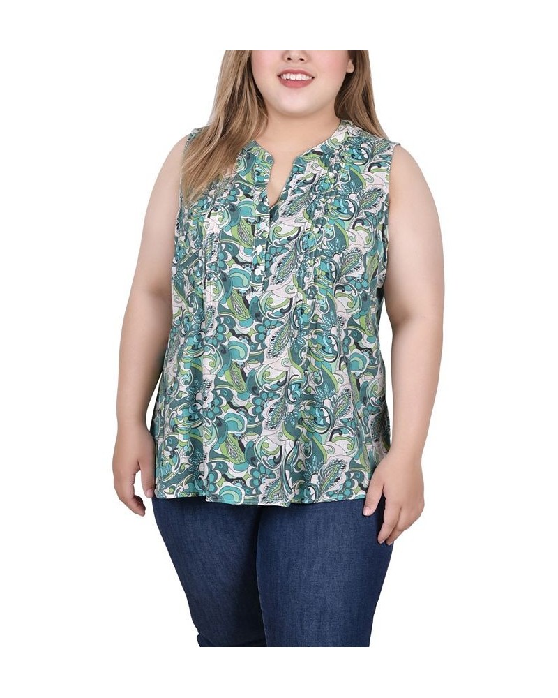 Plus Size Sleeveless Pintucked Blouse Green Paisley Floral $14.35 Tops