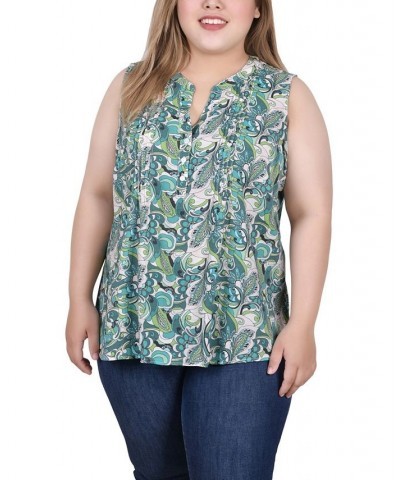 Plus Size Sleeveless Pintucked Blouse Green Paisley Floral $14.35 Tops