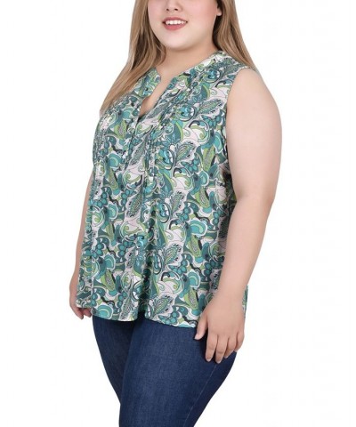 Plus Size Sleeveless Pintucked Blouse Green Paisley Floral $14.35 Tops