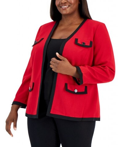 Plus Size Collarless Colorblocked Open-Front Blazer Fire Red/black $34.19 Jackets