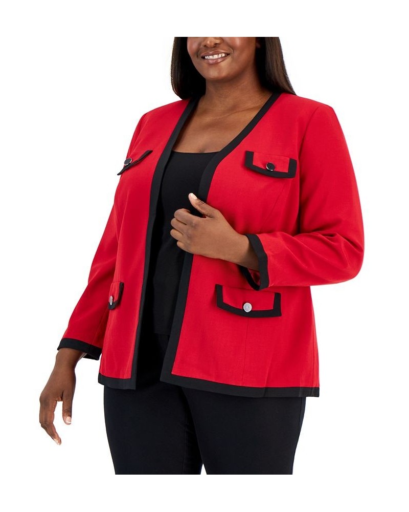 Plus Size Collarless Colorblocked Open-Front Blazer Fire Red/black $34.19 Jackets