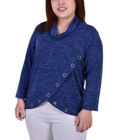 Plus Size Long Sleeve Crossover Top with Grommets Blue $12.85 Tops