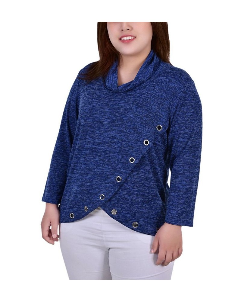 Plus Size Long Sleeve Crossover Top with Grommets Blue $12.85 Tops