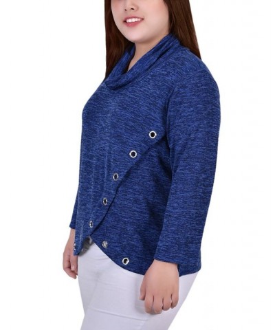 Plus Size Long Sleeve Crossover Top with Grommets Blue $12.85 Tops