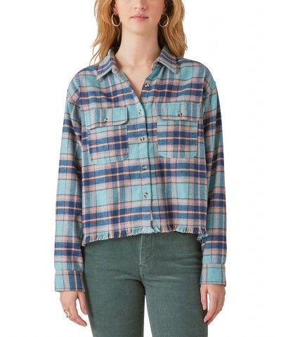 Women's Cotton Raw Edge Plaid Cropped Button Down Top Blue Plaid $21.39 Tops