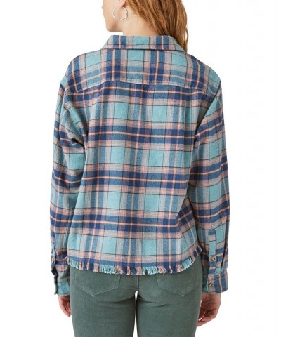 Women's Cotton Raw Edge Plaid Cropped Button Down Top Blue Plaid $21.39 Tops