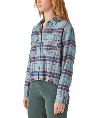 Women's Cotton Raw Edge Plaid Cropped Button Down Top Blue Plaid $21.39 Tops