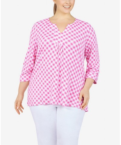 Plus Size Gingham Pleated Top Pink $20.28 Tops