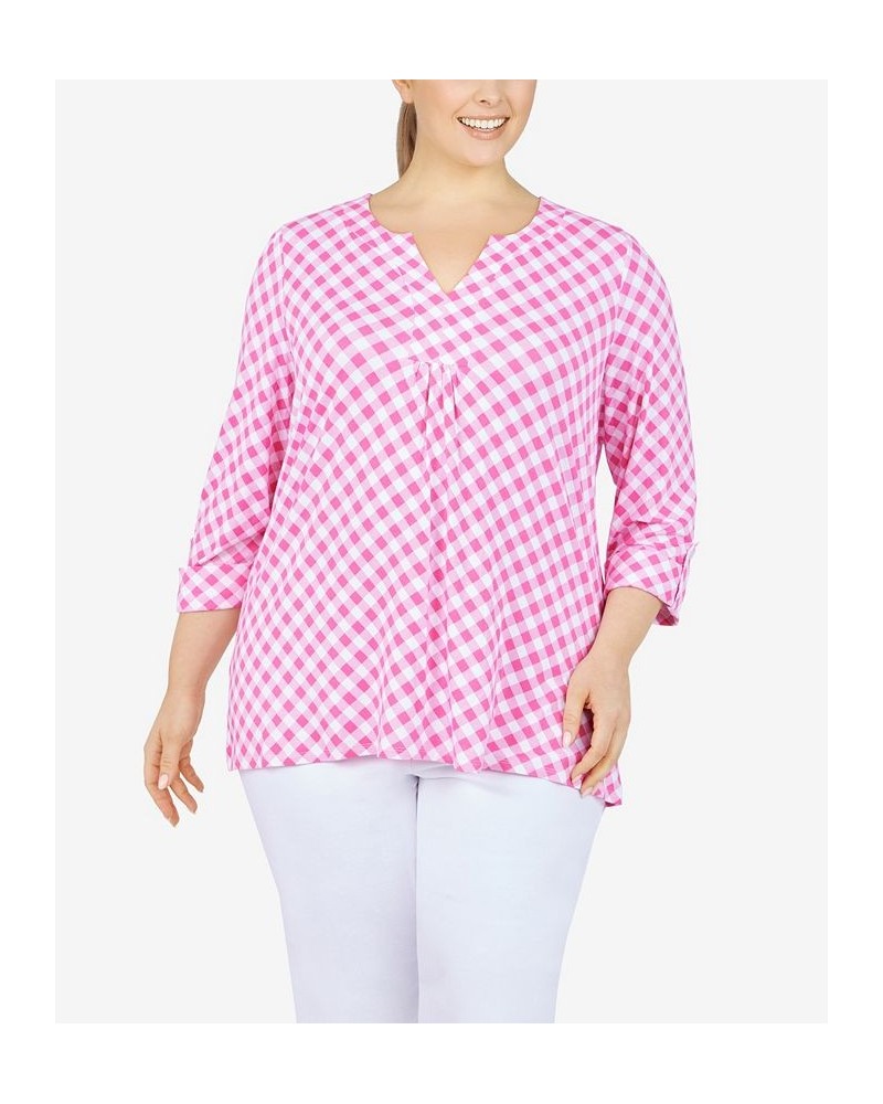 Plus Size Gingham Pleated Top Pink $20.28 Tops