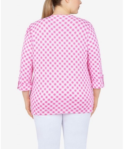 Plus Size Gingham Pleated Top Pink $20.28 Tops