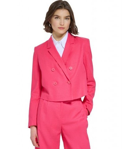 Women's Linen Blend Cropped Double Breasted Blazer Rosebud $67.05 Jackets