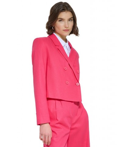 Women's Linen Blend Cropped Double Breasted Blazer Rosebud $67.05 Jackets