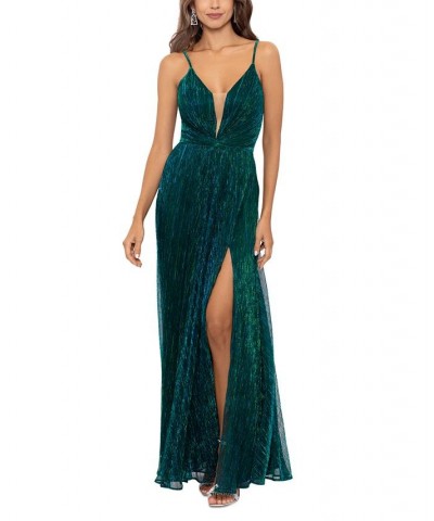 Women's Metallic V-Neck Side-Slit Gown Green $111.60 Dresses