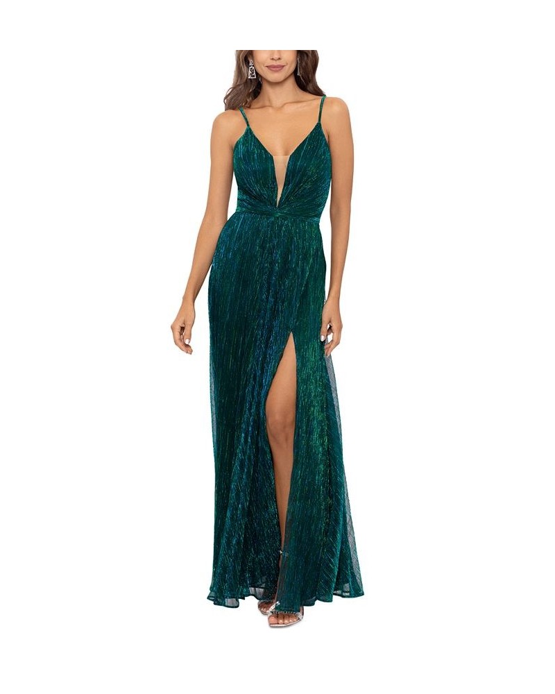Women's Metallic V-Neck Side-Slit Gown Green $111.60 Dresses