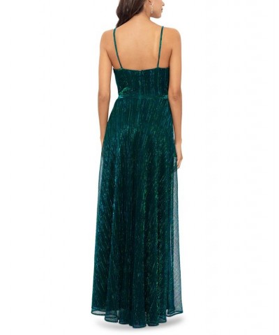 Women's Metallic V-Neck Side-Slit Gown Green $111.60 Dresses