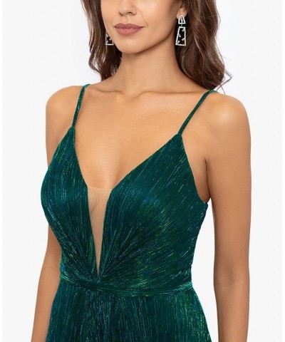 Women's Metallic V-Neck Side-Slit Gown Green $111.60 Dresses