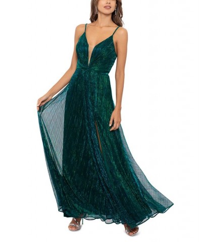 Women's Metallic V-Neck Side-Slit Gown Green $111.60 Dresses