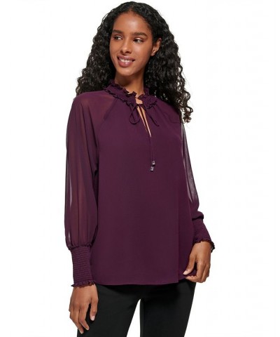 Women's Tie Front Chiffon Peasant Blouse Purple $23.08 Tops