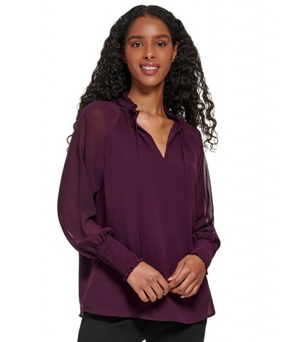 Women's Tie Front Chiffon Peasant Blouse Purple $23.08 Tops