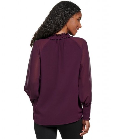 Women's Tie Front Chiffon Peasant Blouse Purple $23.08 Tops