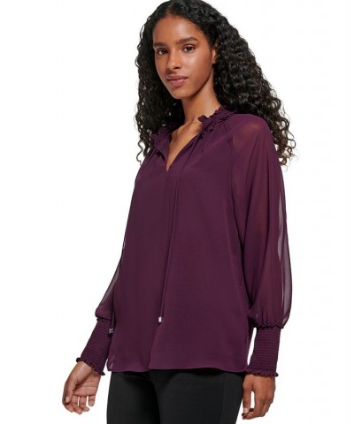 Women's Tie Front Chiffon Peasant Blouse Purple $23.08 Tops