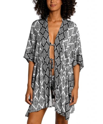 Women's Oasis Tile Tie-Front Kimono Cover-Up Black / White Medallion Print $36.05 Swimsuits