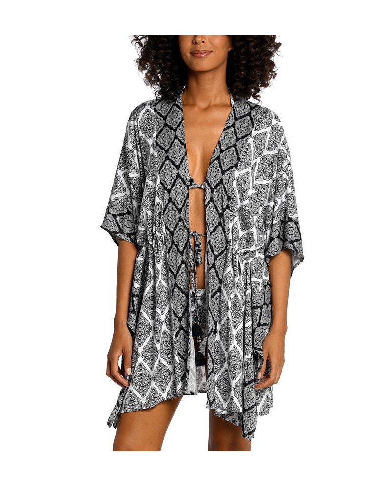 Women's Oasis Tile Tie-Front Kimono Cover-Up Black / White Medallion Print $36.05 Swimsuits
