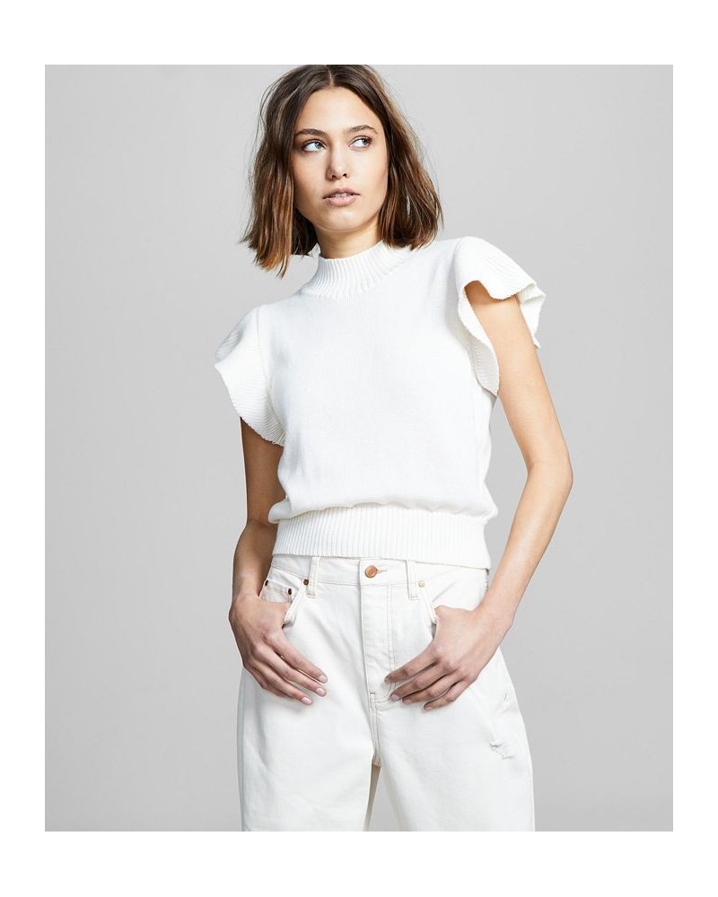 Women's Ruffled Short-Sleeve Mock-Neck Sweater White $17.84 Sweaters