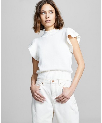 Women's Ruffled Short-Sleeve Mock-Neck Sweater White $17.84 Sweaters